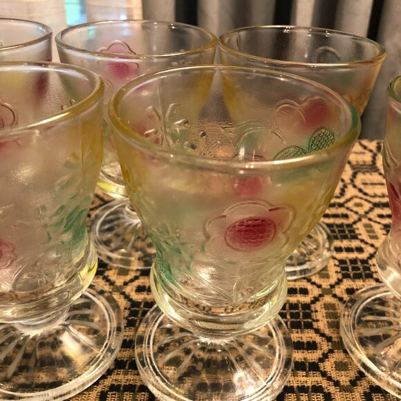 KIG Indonesia Footed Dessert Dish Embossed Floral Glass Vtg Set of 8 - Picture 3 of 8